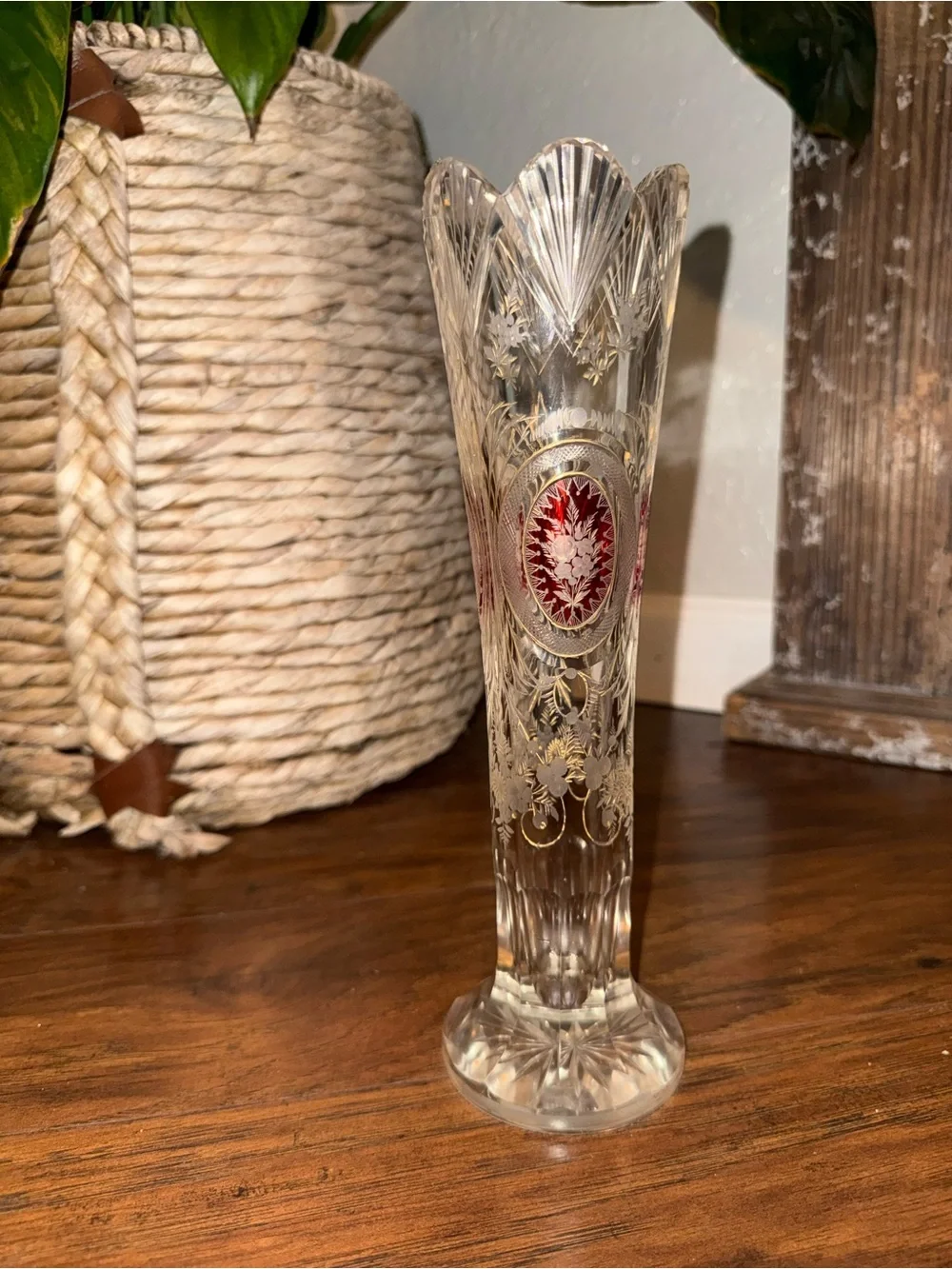 Vintage Bohemian Czech Crystal Vase Ruby Flash Gold Gilt Floral 10” Vase (Rare)
